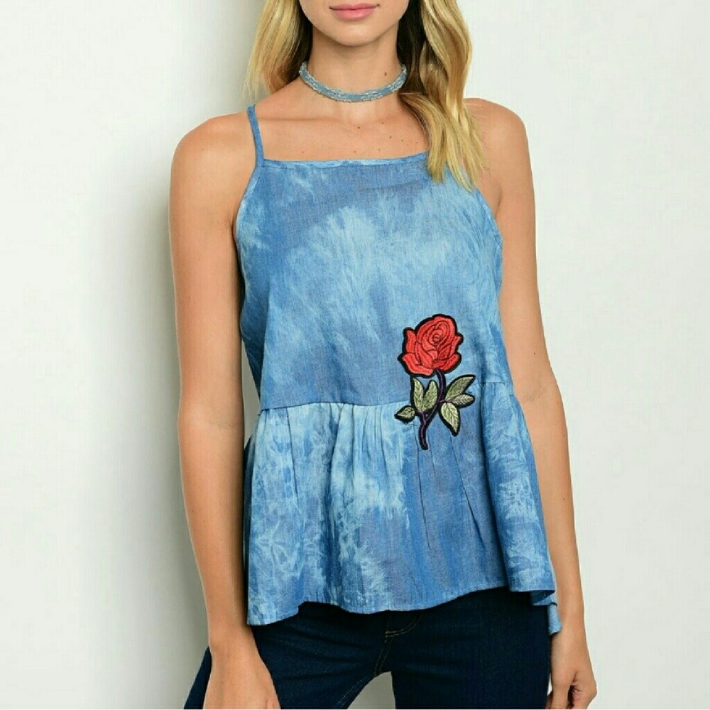 Ces Femme Blue Denim Tie Dye Rose Applique Tank NEW